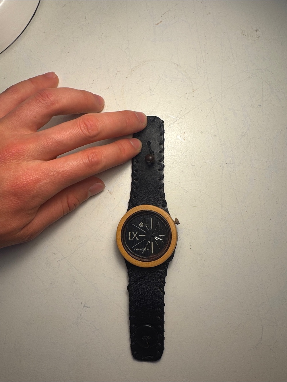 Black Leather Smartwatch with Wooden Bezel - Unbranded